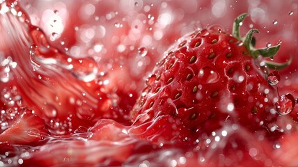 A strawberry is floating in a splash of water - 786217864