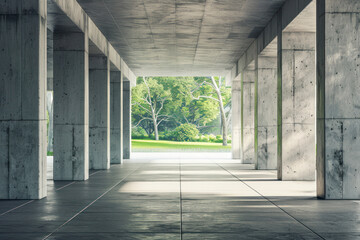 Space for products showcases in the concrete hallway with a park background.