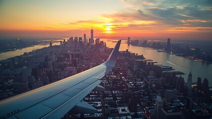 A plane is flying over a city at sunset