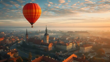 A hot air balloon is flying over a city with a foggy atmosphere - obrazy, fototapety, plakaty