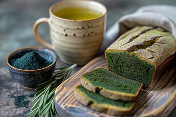 Spirulina bread with olive oil sliced on a wooden board, with a mug of green tea next to it, a bowl of spirulina powder on the side. Concept healthy food, product for detox, superfoods, gluten free
