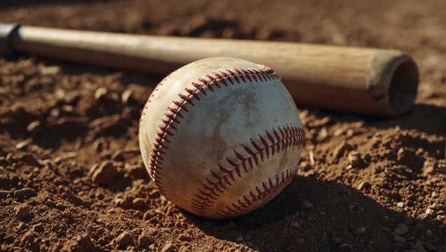 Close up of Baseball bat and ball on infield dirt.