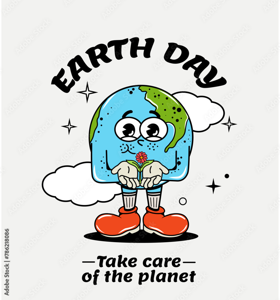 Aufkleber character in groovy style. elements of y2k design. clouds. planet and sphere. environment. climate. 