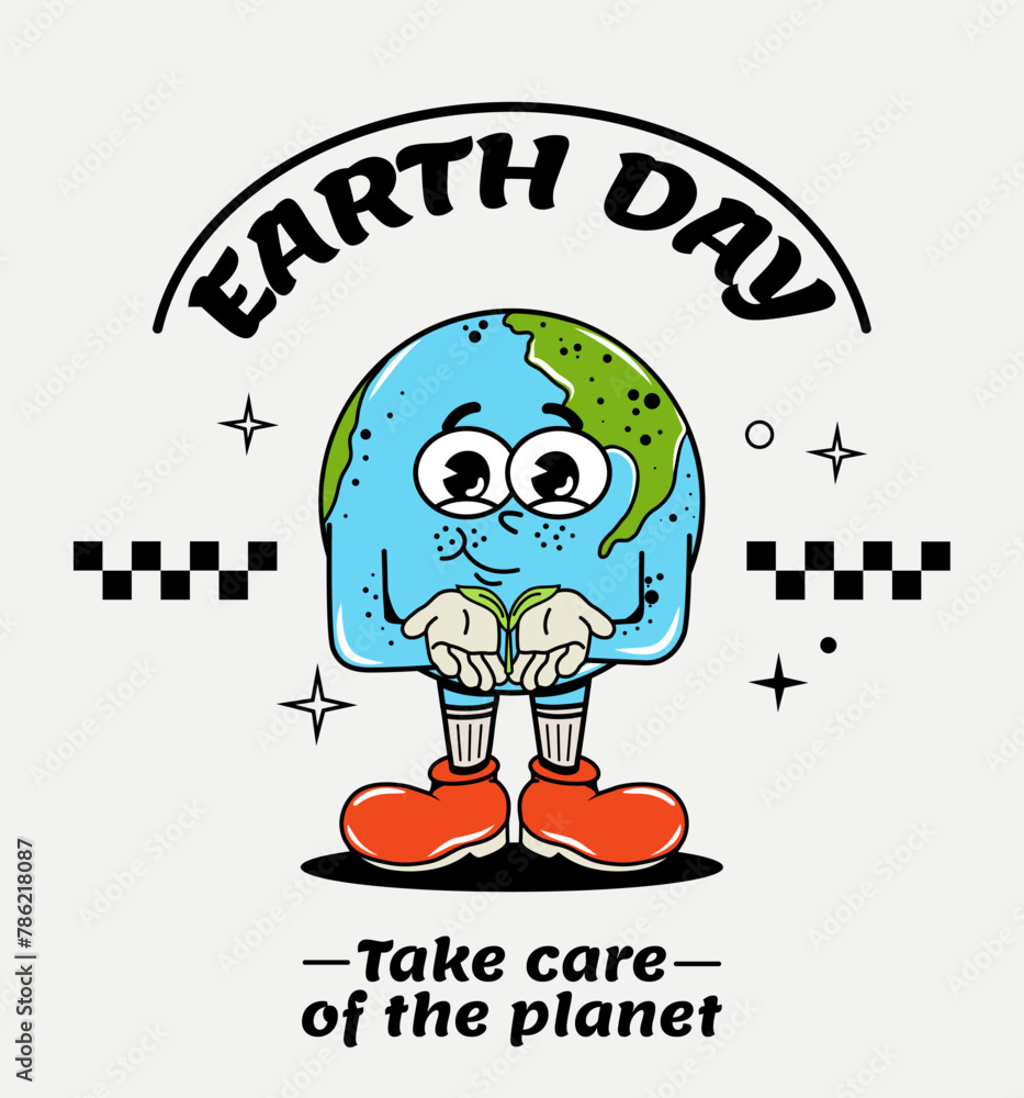 Poster character in groovy style and y2k design. planet and sphere. environment. climate. saving the planet