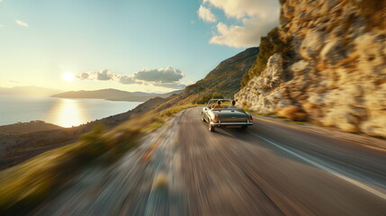 Happy friends driving a convertible car on a scenic mountain road, Adventurous Road Trip - obrazy, fototapety, plakaty
