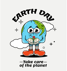Character in groovy style. Elements of y2k design. Clouds. Planet and sphere. Environment. Climate. Saving the planet. Earth Day. Vector illustration. Retro and hippie style.  80s, 90s.  Solar energy