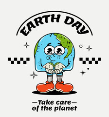 Character in groovy style and y2k design. Planet and sphere. Environment. Climate. Saving the planet. Earth Day. Vector illustration. Retro and hippie style.  The planet holds a sprouted leaf.