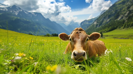 Fototapeta na wymiar Contented cow lies in a lush meadow with vibrant wildflowers, a picturesque mountain range softly focused in the distance, peaceful rural life