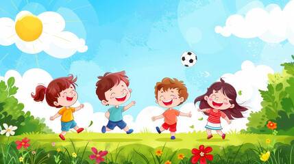 Joyful cartoon kids playing soccer in a sunny field with a vibrant background