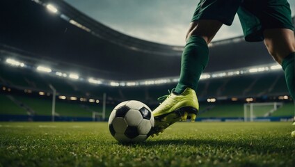 Close up of Soccer cleats and ball on green turf. - obrazy, fototapety, plakaty