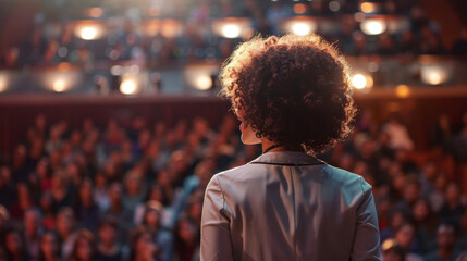 Obraz premium Inspiring female speaker at a conference engaging with audience
