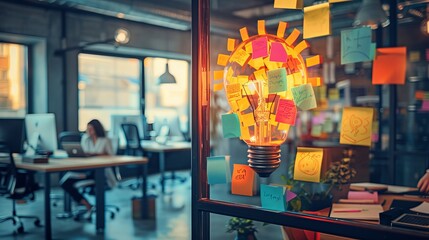 A brainstorming session in a modern, open-plan office, with sticky notes forming the shape of a lightbulb on the wall, each note a contribution to the burgeoning company's startup vision. - obrazy, fototapety, plakaty