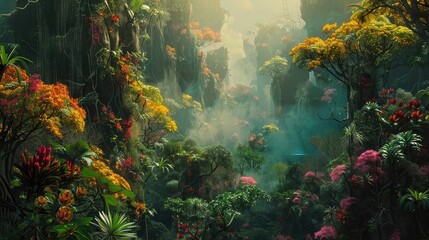 A surreal dreamscape featuring an otherworldly jungle, where colorful vines and exotic flora thrive amidst the towering trees and mist-shrouded valleys of an alien landscape.