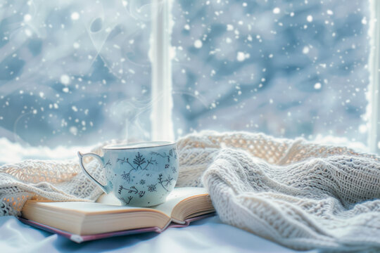 Winter background. tea cup, book, sweater and winter frozen window. cozy mood.