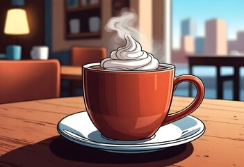 A Steaming Mug Of Hot Cocoa On A Cozy Cafe Table
