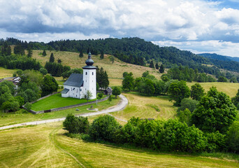 Drone View of the church, the Slovak geographical center of Europe in the locality of Kremnicke Bane in Slovakia