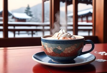 A Steaming Mug Of Hot Cocoa On A Cozy Cafe Table
