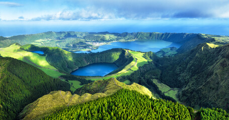 Beautiful lake of Sete Cidades from drone, Azores, Portugal Europe