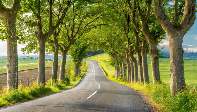 Numa estrada sinuosa no campo, &aacute;rvores se alinham em fileiras intermin&aacute;veis, criando um t&uacute;nel verdejante que se estende at&eacute; o horizonte. 