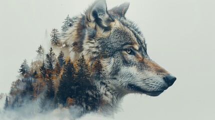 Wolf portrait design with nature background mountain forest double exposure overlay