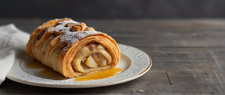 Home autumn, summer baking, puff pastries. Apple strudel with nuts, raisins, cinnamon and powdered sugar.