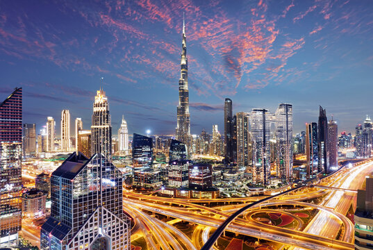 Amazing night Dubai downtown skyline, UAE
