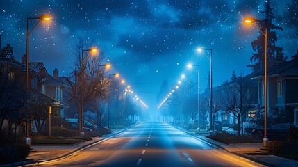 A row of smart, energy-efficient streetlights lining a quiet, suburban street. - obrazy, fototapety, plakaty