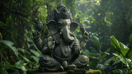 Fototapeta na wymiar Serene statue of Ganesha amidst lush greenery, symbolizing peace and spirituality