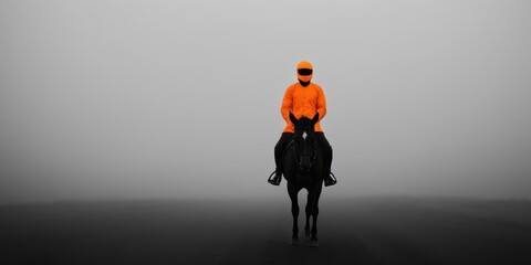 orange color silhouette portrait of a lone rider - obrazy, fototapety, plakaty