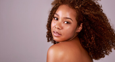 Portrait, hair care and black woman with beauty, aesthetic and luxury treatment on pink studio...