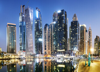 Dubai canal Marina skyline panorama at night, United Arab Emirates