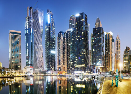 Dubai canal Marina skyline panorama at night, United Arab Emirates