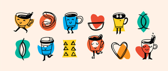 Set of retro doodle funny coffee characters and geometric shapes and doodles posters. Latte, cappuccino, coffee cup mascot. Nostalgia 70s, 80s. Print design for cafe - 786220483