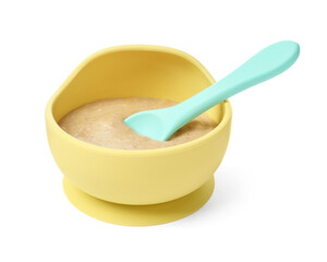 Tasty baby food and spoon in bowl isolated on white