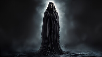 Grim reaper with skull face and tattered black robe standing imposingly with eerie decaying mist and smoke, ominous atmosphere of dread and finality shrouds his deadly presence.