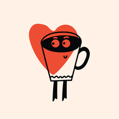 Retro doodle funny character coffee with heart poster. Vintage drink vector illustration. Latte, cappuccino, coffee cup mascot. Nostalgia 60, 70s, 80s. - 786220850