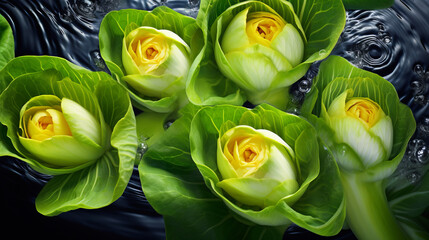 A photo of savoy cabbages that look like roses. - obrazy, fototapety, plakaty