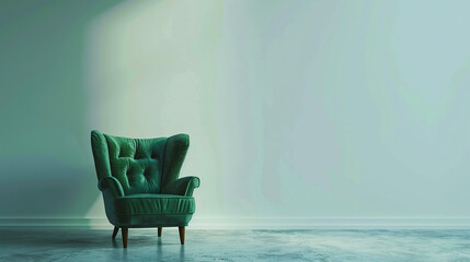 Experience the simplicity and elegance of a room adorned with a green armchair set against a pristine white wall, creating a serene and inviting atmosphere. - obrazy, fototapety, plakaty
