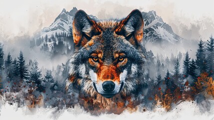 Grey wolf portrait with double exposure nature landscape of forest and mountains - obrazy, fototapety, plakaty