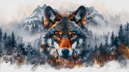 Fotobehang Grey wolf portrait with double exposure nature landscape of forest and mountains © Barosanu