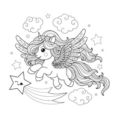 A cute, little cartoon unicorn with a long mane flies in the sky with a star. Black and white linear drawing. For children's design of coloring books, prints, posters, stickers, cards, puzzles, etc. V