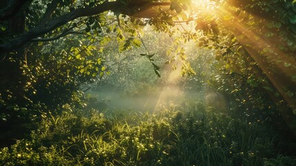 A tranquil forest glade bathed in the golden light of sunset, with sunlight filtering through the dense canopy and illuminating the lush undergrowth, a peaceful oasis amidst the bustling world. - obrazy, fototapety, plakaty