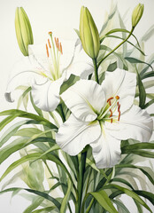 White flower with green leaves is depicted in watercolor painting for postcard or invitation card