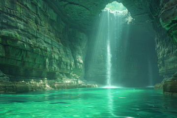 Cave with a waterfall and a stream of water - obrazy, fototapety, plakaty