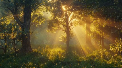 A tranquil forest glade bathed in the golden light of sunset, with sunlight filtering through the...