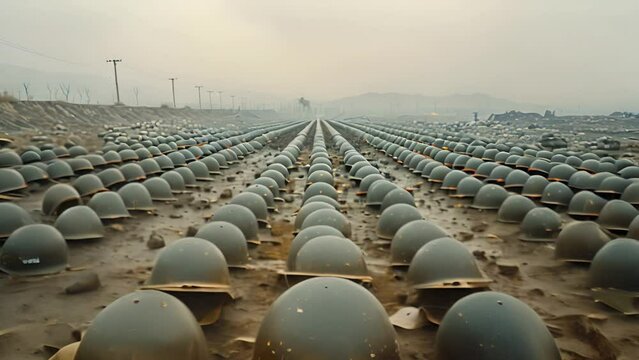 Helmets in a row on battlefield. Military warzone. Army rangers in combat helmets. military graveyard. Soldiers who died in the war 4k video