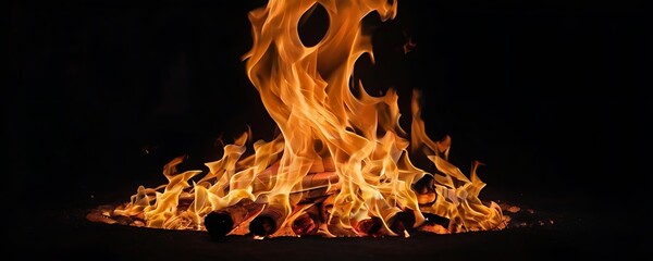 Fire flames isolated on black background. High resolution wood fire flames collection smoke texture background