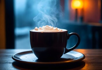A Steaming Mug Of Hot Cocoa On A Cozy Cafe Table