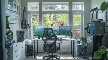 A dynamic home office filled with dual monitors, ergonomic furniture, and smart home devices, where a professional manages complex projects remotely with efficiency.