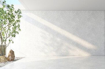 Morning light and trees outside the bare glass wall. Inside there is an empty room with polished concrete wall and polished concrete floor. 3d rendering